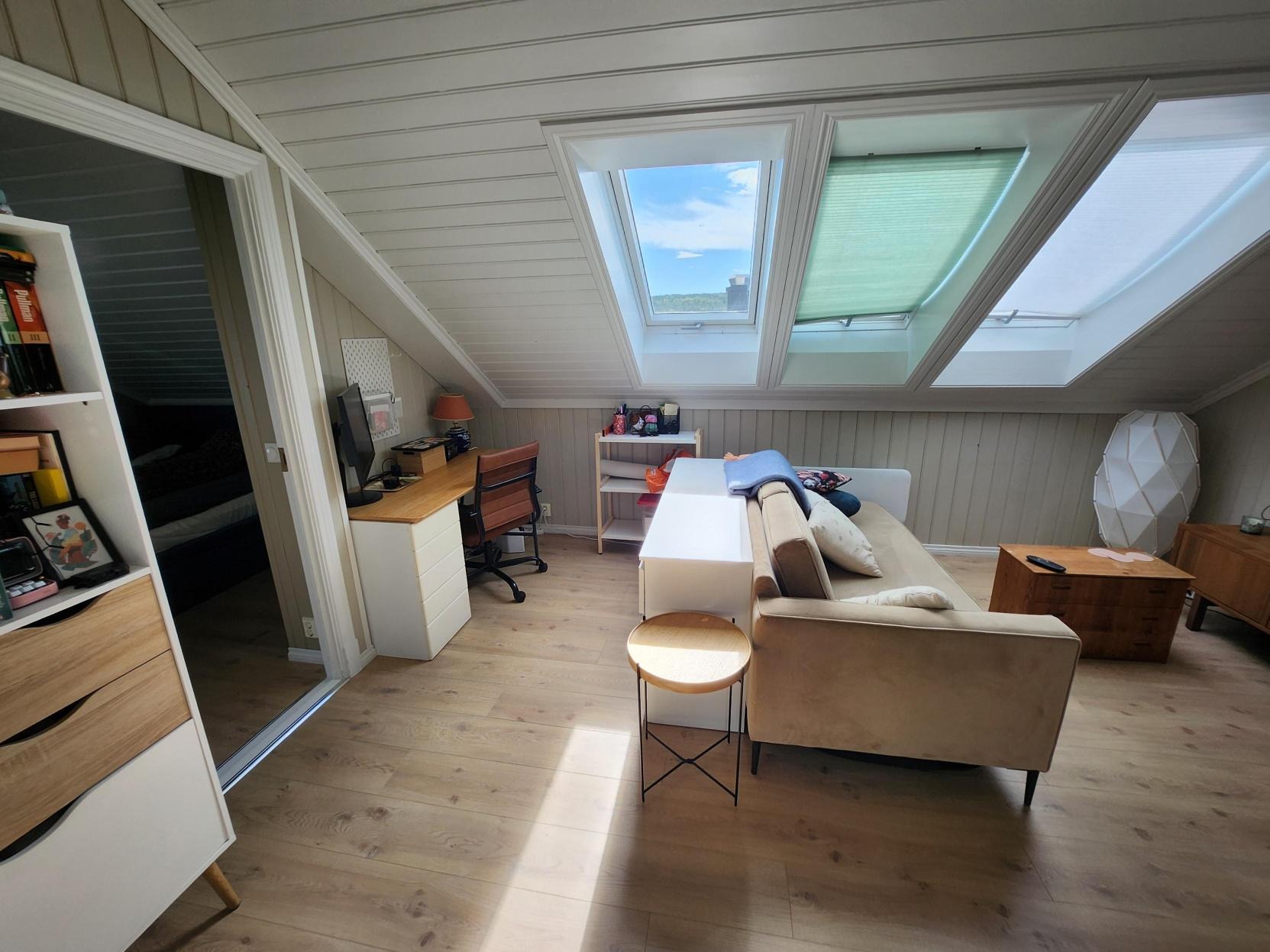 Romslig og luftig stue med takvinduer og plass til sofa, TV, og skrivebord. 